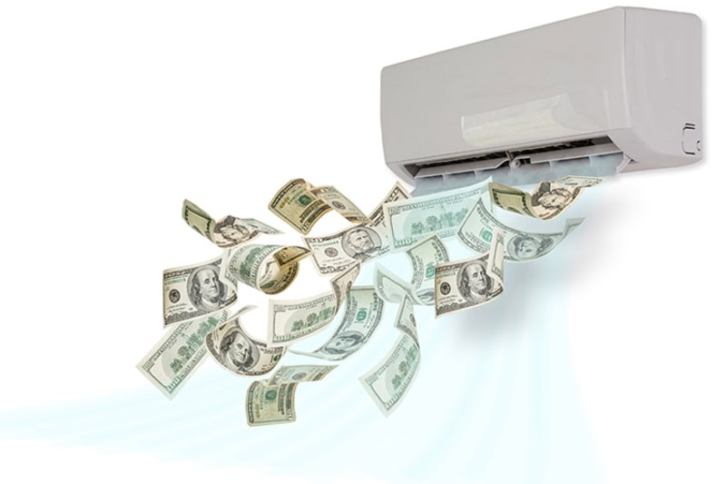 5 Ways to Save Money on Your AC and Summer Energy Bill. Air conditioning dollars winding money concept background business composition on isolate.